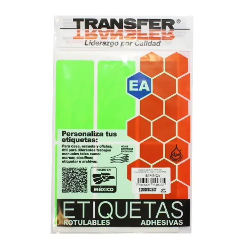 ETIQUETA ADHESIVA VERDE FLUORESCENTE 20X105 MM C/98 PZAS TRANSFER